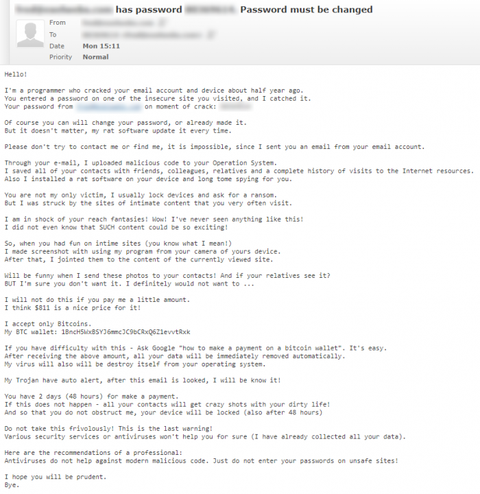 Scam blackmail email